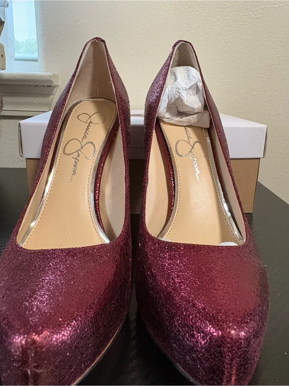 Jessica Simpson Metallic Burgundy Glitter Platform Pumps